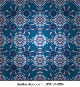 Geometric circle element made in blue, violet and brown colors. Arabic, Indian religions. Round Ornament seamless pattern. Oriental motifs. Colorful vector Mandala.