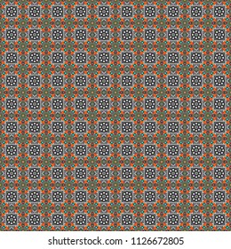 Geometric circle element made in brown, orange and blue colors. Round Ornament seamless pattern. Colorful raster Mandala. Oriental motifs. Arabic, Indian religions.
