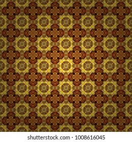Geometric circle element made in orange, brown and yellow colors. Round Ornament seamless pattern. Colorful vector Mandala. Oriental motifs. Arabic, Indian religions.