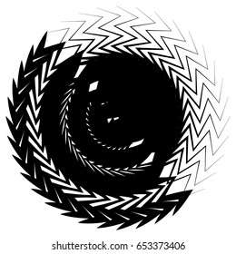 Geometric circle element made of overlapping edgy shapes. Abstract black and white circular shape