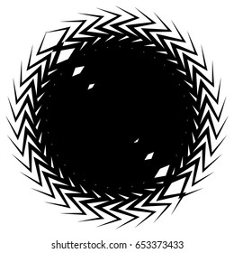 Geometric circle element made of overlapping edgy shapes. Abstract black and white circular shape