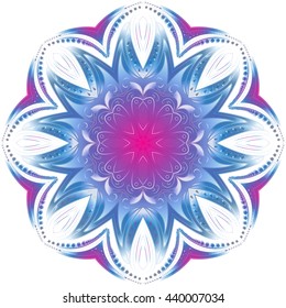 Geometric circle element. Mandala for decoration holiday cards, background and sites. Purple neon mandala. Kaleidoscope, medallion, yoga, India, arabic style