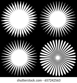 Geometric circle element of radial lines. Bursting lines merging at center. Abstract generic motif, mandala, decorative element.