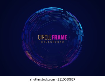 Geometric Circle Frame on Dark Background. 3D Sphere Border. Technology Style HUD Design Element. Vector Illustration. 
