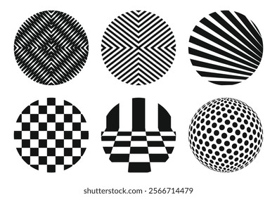 Geometric circle icons, retro black and white vector texture patterns with Bauhaus and Memphis design elements.