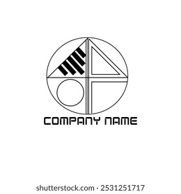 Geometric Circle Logo. A black and white circular logo featuring geometric shapes, including a triangle, a circle, and a rectangle with stripes