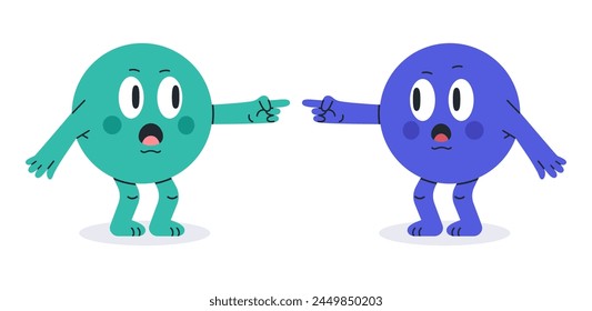 Geometric circle mascots. Comic round shapes point at each other, circle figures for math school learning, circles with funny emotions flat vector illustration set. Cute mascots with funny faces