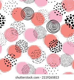 Geometric circle seamless pattern. Abstract modern art illustration round shapes with grunge, doodles, minimal elements textures. Minimal print background. Trendy vector for fabric, scrapbooking