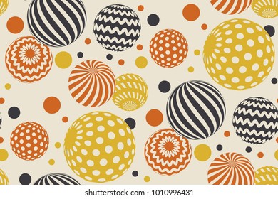 Geometric circle seamless pattern vector illustration in retro 60s style. Vintage 1970s ball geometry shapes abstract repeatable motif for carpet, wrapping paper, fabric, background.