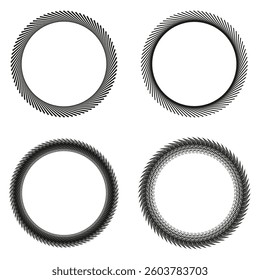 Geometric circle set. Abstract ring shapes. Rotating black spirals. Modern graphic elements.