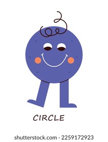 Geometric circle shape. Purple character smiling and looking down, embarrassed, positive and optimistic, emotions. Minimalist creativity and art. Cartoon flat vector illustration