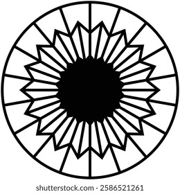 Geometric circle, striking vector illustration of a black design radiating from a central point, enclosed within a circular frame.