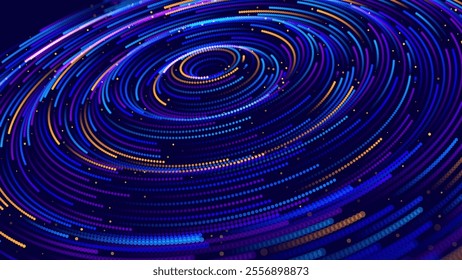 Geometric Circle Trails Background. Digital Data Flow Vortex in Blue Color. Light Trails. Particles Swirl Vector Illustration.