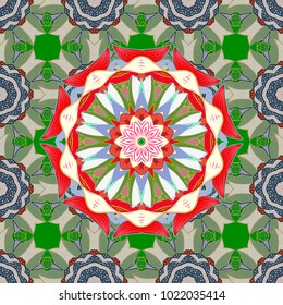 Geometric circle vector element. Kaleidoscope, medallion, yoga, india, arabic. Tribal, Boho, Bohemian style. Ornament green, neutral and blue colored card with mandala.