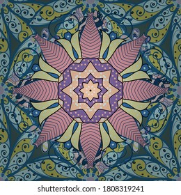 Geometric circle vector element. Kaleidoscope, medallion, yoga, india, arabic. Tribal, Boho, Bohemian style. Ornament neutral, pink and blue colored card with mandala.