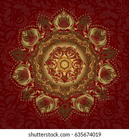 Geometric circle vector element. Kaleidoscope, medallion, yoga, india, arabic. Tribal, Boho, Bohemian style. Ornament red gold card with mandala.