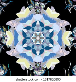 Geometric circle vector element. Ornament blue, black and neutral colored card with mandala. Tribal, Boho, Bohemian style. Kaleidoscope, medallion, yoga, india, arabic.