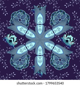 Geometric circle vector element. Tribal, Boho, Bohemian style. Kaleidoscope, medallion, yoga, india, arabic. Ornament blue, violet and neutral colored card with mandala.