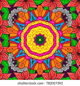 Geometric circle vector element. Tribal, Boho, Bohemian style. Ornament orange, pink and yellow colored card with mandala. Kaleidoscope, medallion, yoga, india, arabic.