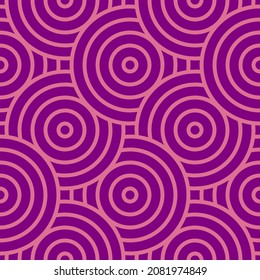 Geometric circles with a contour. Seamless pattern in purple and pink for trendy fabrics, decorative pillows, wrapping paper. Vector.