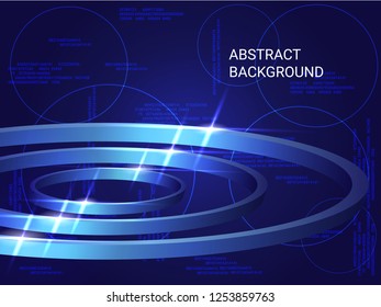 Geometric circles sparkle on the background. 3D vector illustration . Modern geometric background. Abstract composition. Blue three-dimensional  geometric circles in space.
