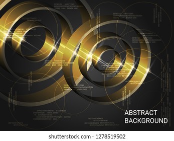 Geometric circles sparkle on the background. 3D vector illustration . Futuristic geometric background. Abstract composition. Gold three-dimensional  geometric circles in space.