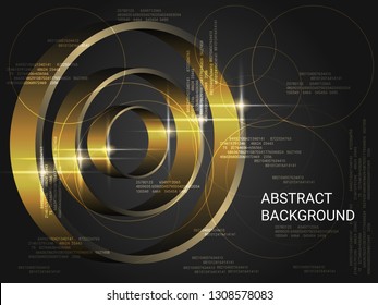 Geometric circles sparkle on the background. Minimal geometric background. Abstract composition. 3D vector illustration . Gold three-dimensional  geometric circles in space.