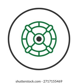 Um desenho geométrico e circular, com um elemento central que representa um escudo ou emblema de proteção. As linhas e formas verdes criam uma sensação de segurança, definidas em um círculo preto em negrito