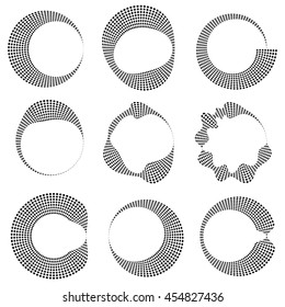 Geometric circular dotted elements with distortion. 9 different shape. Deformed monochrome circles. Vector illustration.