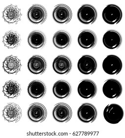 Geometric circular element. Grungy, sketchy splatter-like circle shape(s)