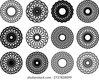 Conjunto de mandala circular geométrico, adornos de arte de línea de espirografía negra, Formas de Vector de geometría sagrada para marca y diseño de logotipo, Elementos de simetría radial minimalista aislados en blanco
