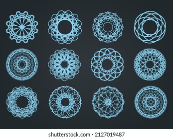 Geometric Circular Mandala Set. Round Set With Mandala. Oriental Pattern, Embroidery, Snowflakes, Sketches For Henna., Vector Illustration. Islamic, Arabic. Mandala Element.