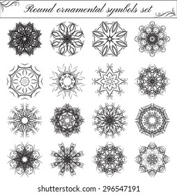 Geometric circular ornament set. Abstract black symbols. Lace mandalas. Vector illustration