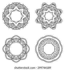 Geometric circular ornament set. Abstract black symbols. Lace mandalas. Vector illustration