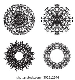 Geometric circular ornament set. Abstract black symbols. Lace mandalas. Vector illustration