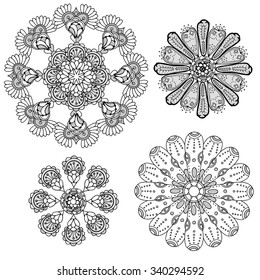 Geometric circular ornament set. Abstract black symbols. Lace mandalas. Vector illustration