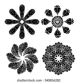 Geometric circular ornament set. Abstract black symbols. Lace mandalas. Vector illustration