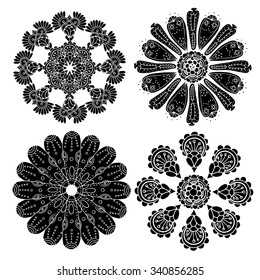 Geometric circular ornament set. Abstract black symbols. Lace mandalas. Vector illustration