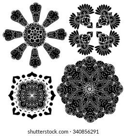 Geometric circular ornament set. Abstract black symbols. Lace mandalas. Vector illustration