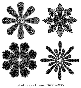 Geometric circular ornament set. Abstract black symbols. Lace mandalas. Vector illustration