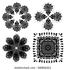 Geometric circular ornament set. Abstract black symbols. Lace mandalas. Vector illustration