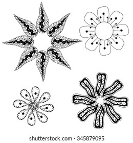 Geometric circular ornament set. Abstract black symbols. Lace mandalas. Vector illustration