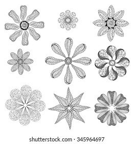 Geometric circular ornament set. Abstract black symbols. Lace mandalas. Vector illustration