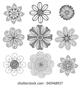 Geometric circular ornament set. Abstract black symbols. Lace mandalas. Vector illustration
