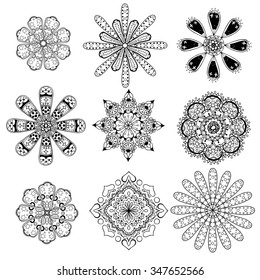 Geometric circular ornament set. Abstract black symbols. Lace mandalas. Vector illustration