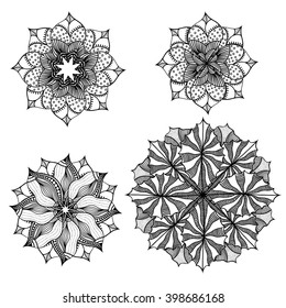 Geometric circular ornament set. Abstract black symbols. Lace mandalas. Vector illustration