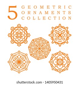 Geometric circular ornament set. Isolated vector mandalas. Perfect set for any kind of design, logo, wedding, birthday and other holiday, kaleidoscope, medallion, yoga, India, Arabic.