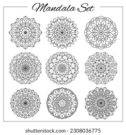 Geometric circular ornament set. Isolated vector mandalas for coloring book printing, design, logo, yoga, indian and arabic prints.
