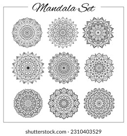 Geometric circular ornament set. Isolated vector mandalas for coloring book printing, design, logo, yoga, indian and arabic prints.
