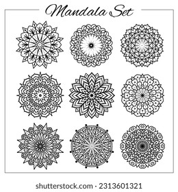 Conjunto de ornamentos circulares geométricos. Mandalas vectoriales aisladas para la impresión de libros de color, diseño, logotipo, yoga, huellas indias y árabes.